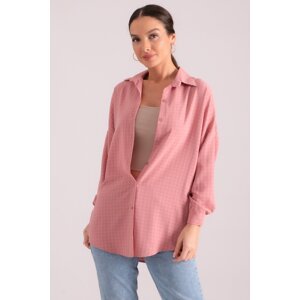 armonika Women's Light Pale Pink Square Pattern Oversize Long Basic Shirt