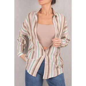 armonika Women's Stone Striped Oversize Long Basic Shirt