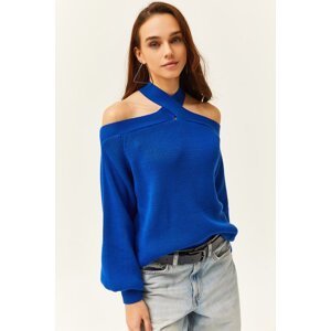 Olalook Women's Saks Blue Cross Collar Knitwear Sweater