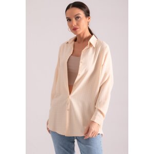 armonika Women's Cream Square Pattern Oversize Long Basic Shirt