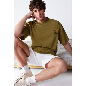 Trendyol Men's Khaki Oversize Tropical Embroidery 100% Cotton T-Shirt