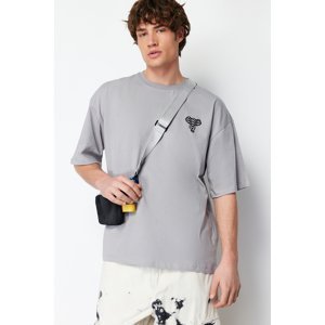 Trendyol Gray Men's Oversize Mystic Animal Embroidered 100% Cotton T-Shirt