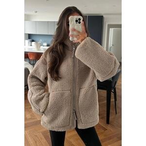 Madmext Brown High Neck Pocketed Plush Coat