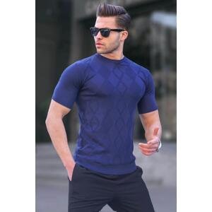 Madmext Navy Blue Diamond Pattern Knitwear Short Sleeve T-Shirt 6354