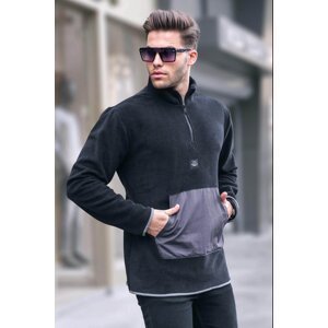 Madmext Men's Black Bato Collar Kangaroo Pocket Cold Proof Fleece Sweatshirt 6018