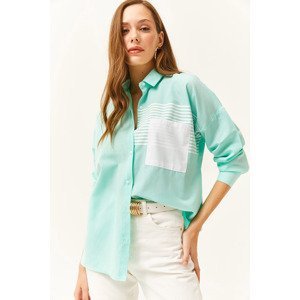 Olalook Women's Aqua Green Pocket Detailed Oversize Woven Shirt