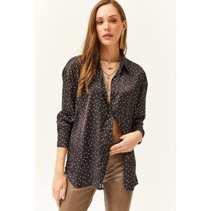 Olalook Women's Polka Dot Black Patterned Oversize Satin Shirt