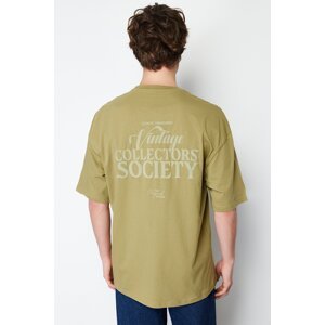 Trendyol Men's Khaki Oversize/Wide-Fit Fluffy Text Printed 100% Cotton T-Shirt