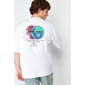Trendyol White Men's Oversize/Wide Cut Space Back Printed 100% Cotton T-shirt