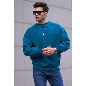 Madmext Petrol Blue Crew Neck Oversize Men's Raised Basic Sweatshirt 6048