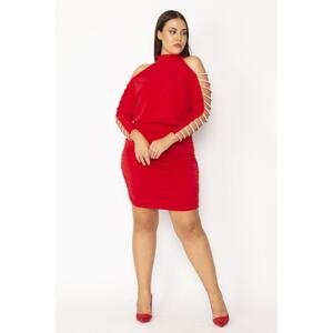 Şans Women's Plus Size Red Sleeves Stone Detailed Halter Neck Side Gathered Evening Dress