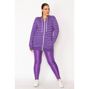 Şans Women's Plus Size Purple Front Zippered Hooded Striped Tunic