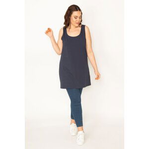 Şans Women's Plus Size Navy Blue Cotton Sleeveless Tunic