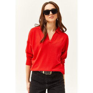 Olalook Women's Red Polo Neck Thin Knitwear Sweater