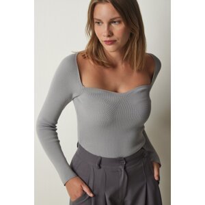 Happiness İstanbul Women's Gray Heart Neck Ribbed Knitwear Sweater