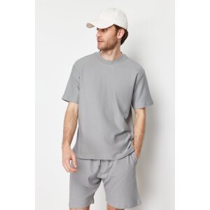 Trendyol Limited Edition Gray Men's Oversize 100% Cotton Labeled Textured Basic Thick T-Shirt