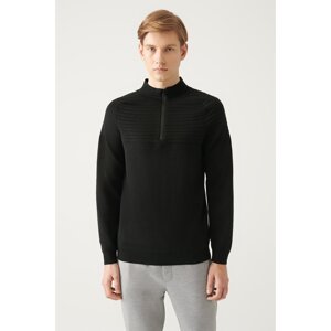 Avva Men's Black Half Zipper Stand Collar Knit Detailed Cotton Standard Fit Regular Cut Knitwear Sweater