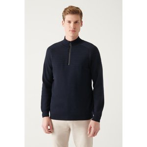 Avva Men's Navy Blue Half Zippered Stand Collar Knit Detailed Cotton Standard Fit Regular Cut Knitwear Sweater