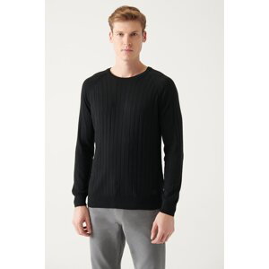Avva Men's Black Crew Neck Jacquard Slim Fit Narrow Cut Knitwear Sweater