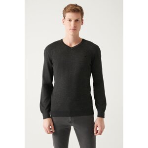 Avva Men's Anthracite V Neck Wool Blended Standard Fit Regular Cut Knitwear Sweater