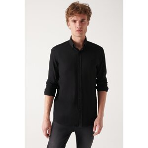 Avva Men's Black Seersucker Buttoned Collar Comfort Fit Relaxed Cut Shirt