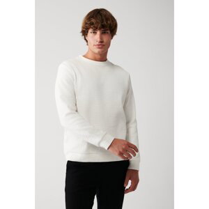 Avva Men's Ecru Crew Neck Cotton Jacquard Standard Fit Regular Cut Sweatshirt