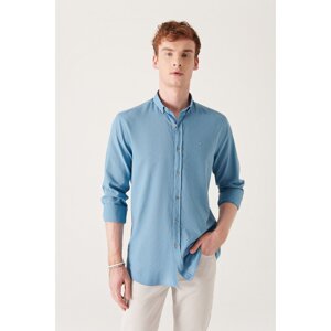 Avva Men's Indigo 100% Cotton Thin Soft Button Collar Long Sleeve Standard Fit Regular Fit Shirt
