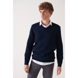 Avva Men's Navy Blue V Neck Wool Blended Standard Fit Normal Cut Knitwear Sweater
