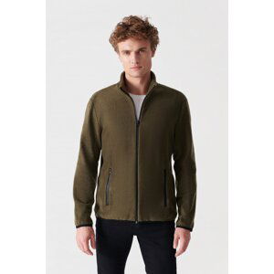 Avva Men's Khaki Zippered High Neck Cardigan Plain Fleece