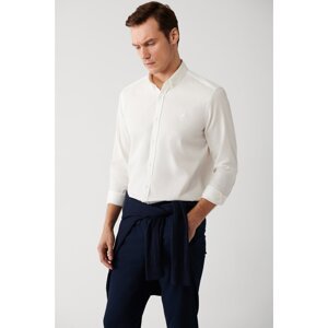 Avva Men's Ecru Shirt Buttoned Collar 100% Cotton Ribbed Velvet Standard Fit Regular Fit