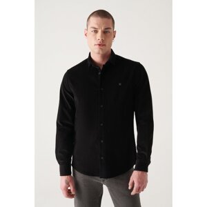 Avva Men's Black Velvet Button Collar Cotton Slim Fit Slim Fit Shirt