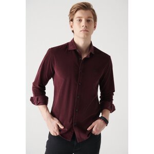Avva Men's Burgundy Velvet Buttoned Collar Cotton Standard Fit Normal Cut Shirt