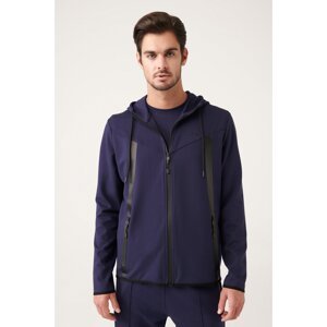Avva Men's Navy Blue Interlock Fabric Hooded Collar Zipper Printed Standard Fit Regular Fit Sweatshirt