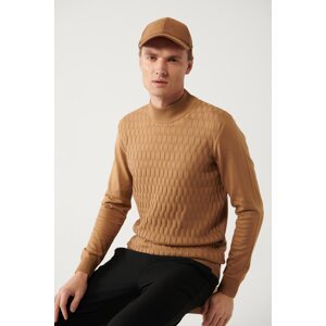 Avva Men's Camel Knitwear Sweater Half Turtleneck Front Textured Cotton Regular Fit