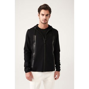 Avva Men's Black Interlock Fabric Hooded Collar Zipper Printed Standard Fit Regular Cut Sweatshirt