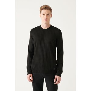 Avva Men's Black Crew Neck Front Textured Standard Fit Normal Cut Knitwear Sweater