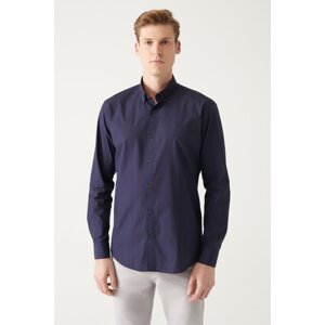 Avva Men's Navy Blue 100% Cotton Buttoned Collar Striped Slim Fit Slim Fit Poplin Shirt