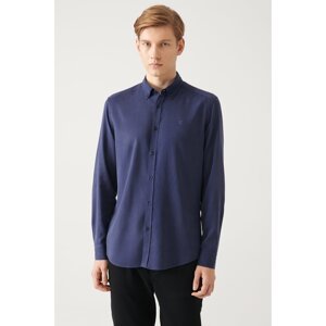 Avva Navy Blue Buttoned Collar Comfort Fit Tencel Shirt