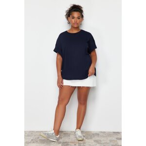 Trendyol Curve Navy 100% Cotton Back Embroidery Relaxed/Wide Relaxed Fit Crew Neck Knitted T-Shirt