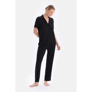 Dagi Black Embroidery Detailed Viscose Shirt Trousers Pajamas Set
