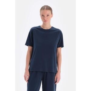 Dagi Navy Blue Stitch Detail Short Sleeve Cupro T-Shirt