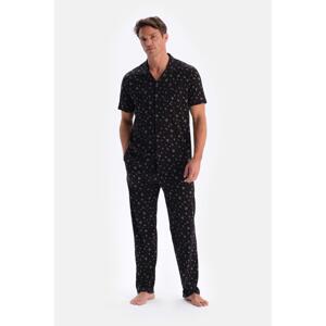 Dagi Black Size Printed Cotton Modal Shirt Pants Pajamas Set