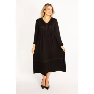 Şans Women's Plus Size Black Flared Detailed Long Sleeve Layered Dress