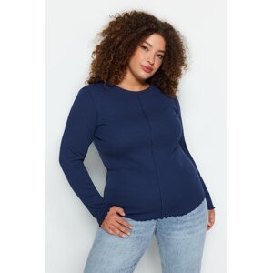 Trendyol Curve Navy Blue Crew Neck Ribbed Knitted Blouse