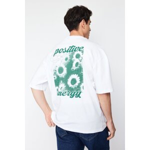 Trendyol White Men's Oversize/Wide Cut Crew Neck Flower Printed 100% Cotton T-Shirt