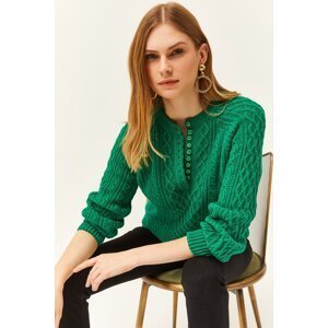 Olalook Women's Emerald Green Buttoned Hair Braided Knitwear Sweater