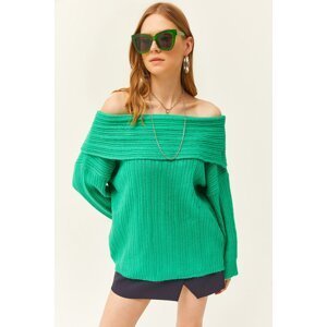 Olalook Women's Grass Green Madonna Collar Ribbed Loose Knitwear Sweater