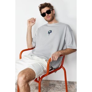 Trendyol Limited Edition Gray Men's Oversize Snake Embroidery Thick Premium T-Shirt