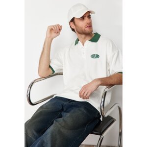 Trendyol Ecru Men's Oversize/Wide Cut Text Embroidered Towel Fabric Buttoned Polo Collar T-Shirt