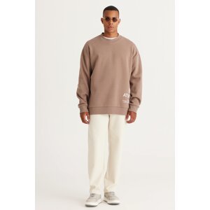 AC&Co / Altınyıldız Classics Men's Beige Oversize Fit Loose Cut 3 Thread Cotton Printed Sweatshirt with Fleece Inside